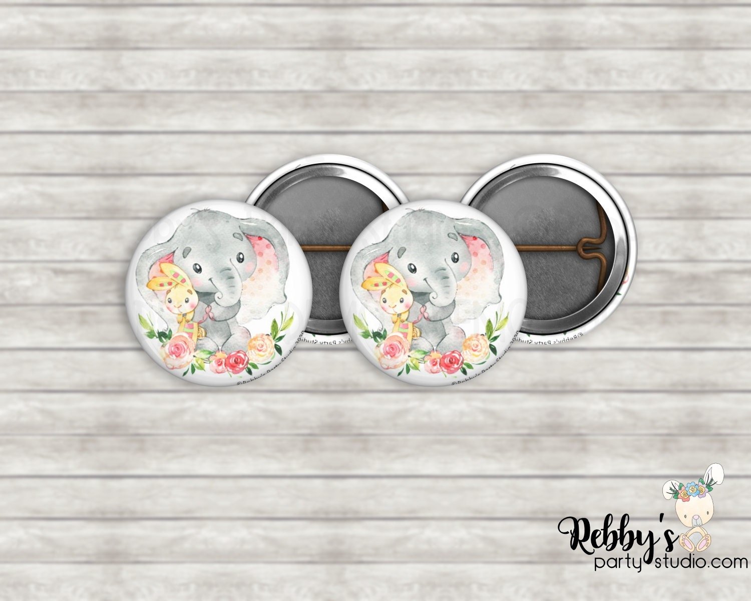 Elephant & Bunny Floral Pin Buttons – Baby Shower Party Favors (1 inch)