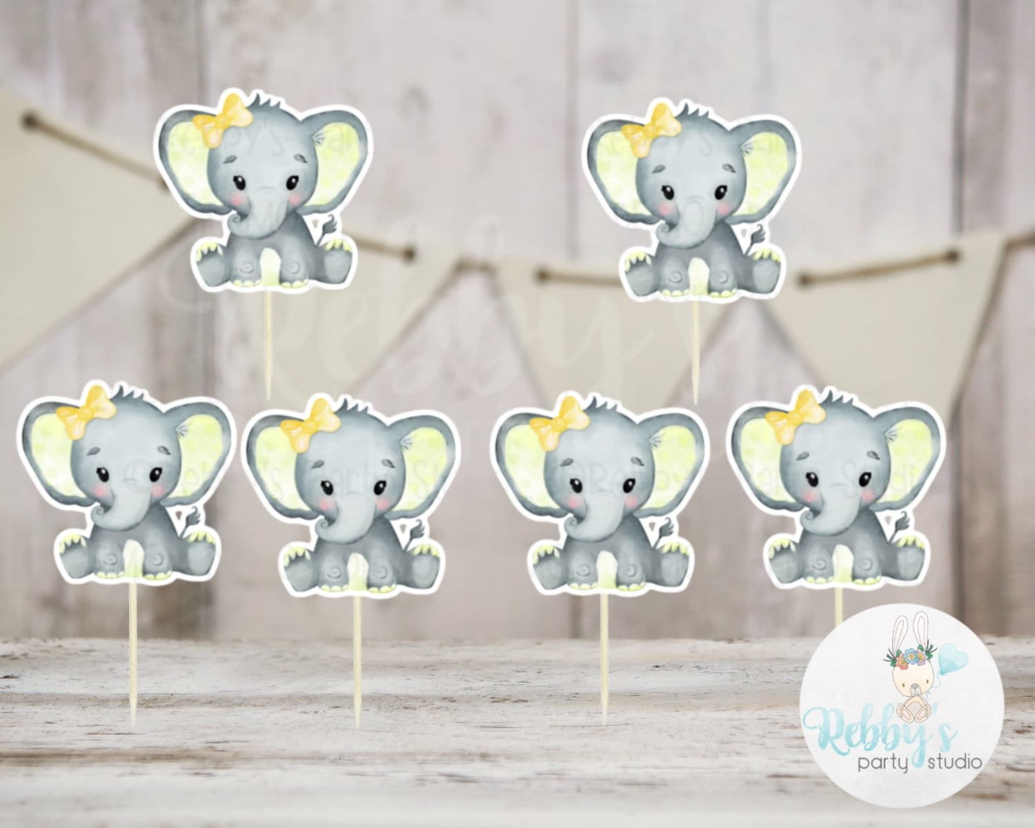 Girl Elephant Theme  - Set of 12 Yellow Elephant Baby Shower Cupcake Toppers