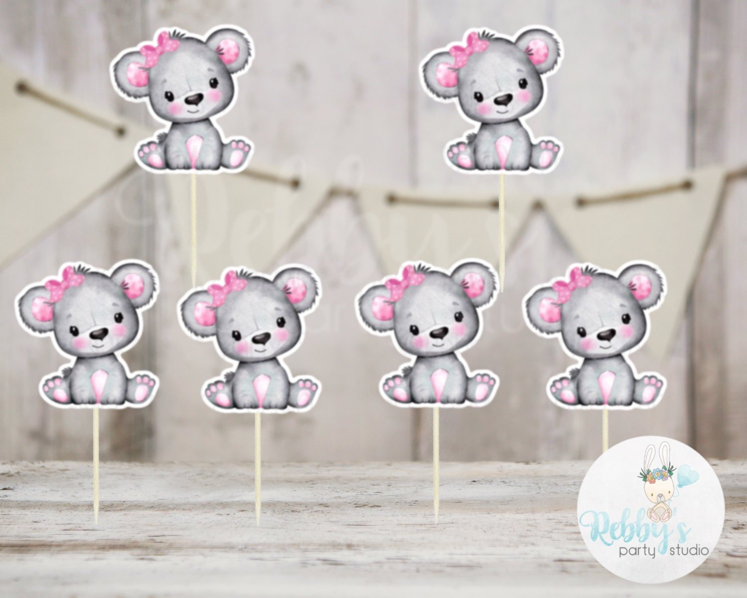 Girl Bear Theme  - Set of 12 Pink Bear with Bow Baby Shower Cupcake Toppers