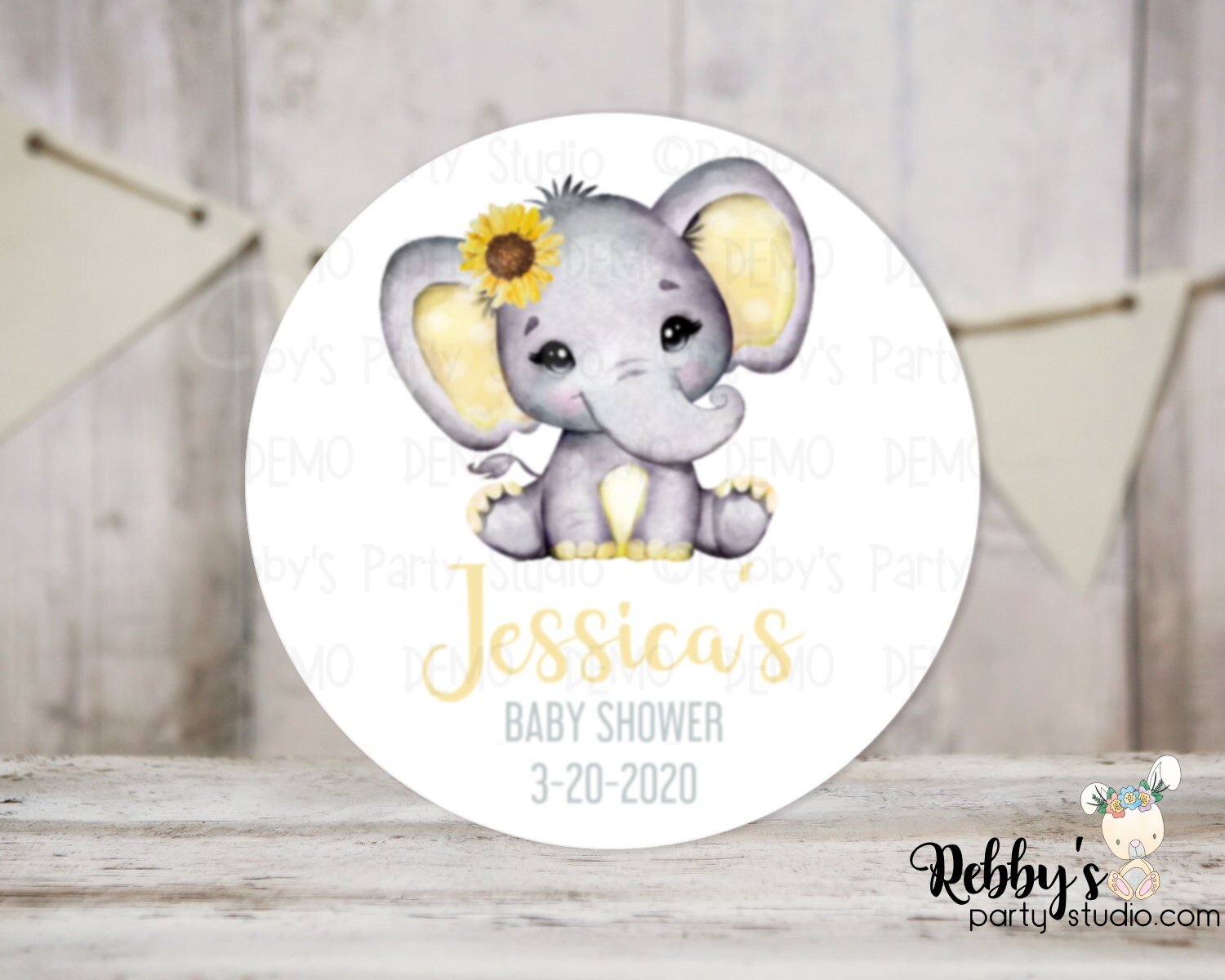 Baby Elephant Sunflower Baby Shower Personalized Round Sticker