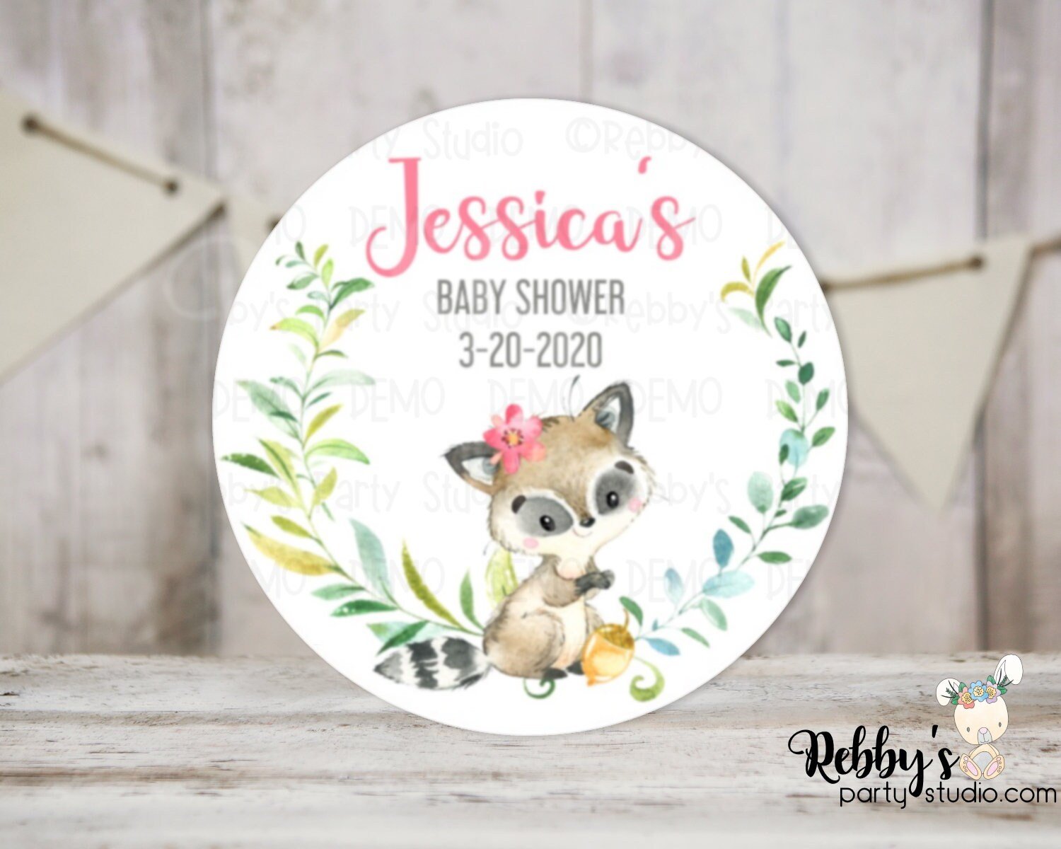 Raccoon Girl Baby Shower Pink Personalized Round Sticker