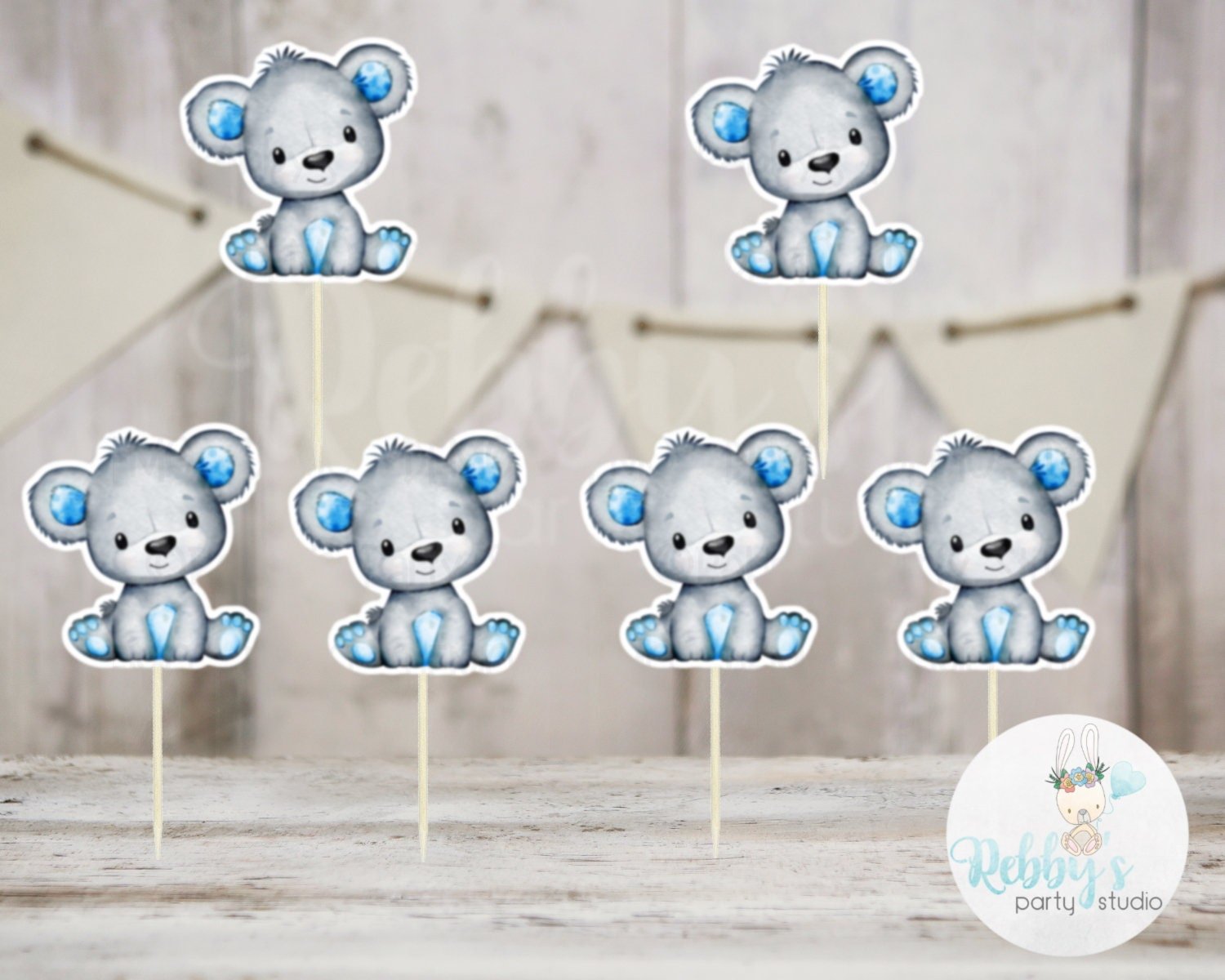 Boy Bear Theme  - Set of 12 Blue Bear Baby Shower Cupcake Toppers