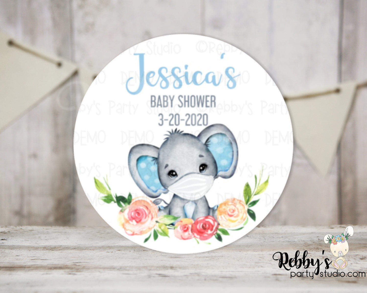 Masked Elephant Baby Shower Blue Personalized Round Sticker