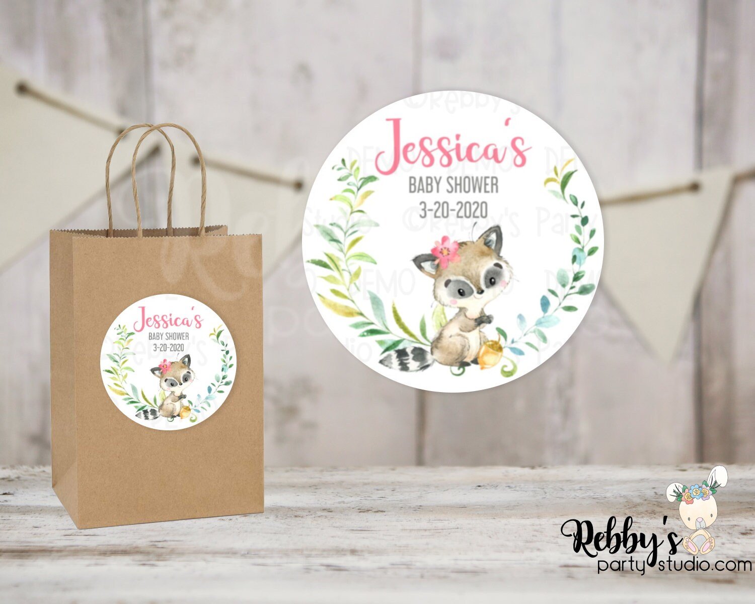 Raccoon Girl Baby Shower Pink Personalized Round Sticker