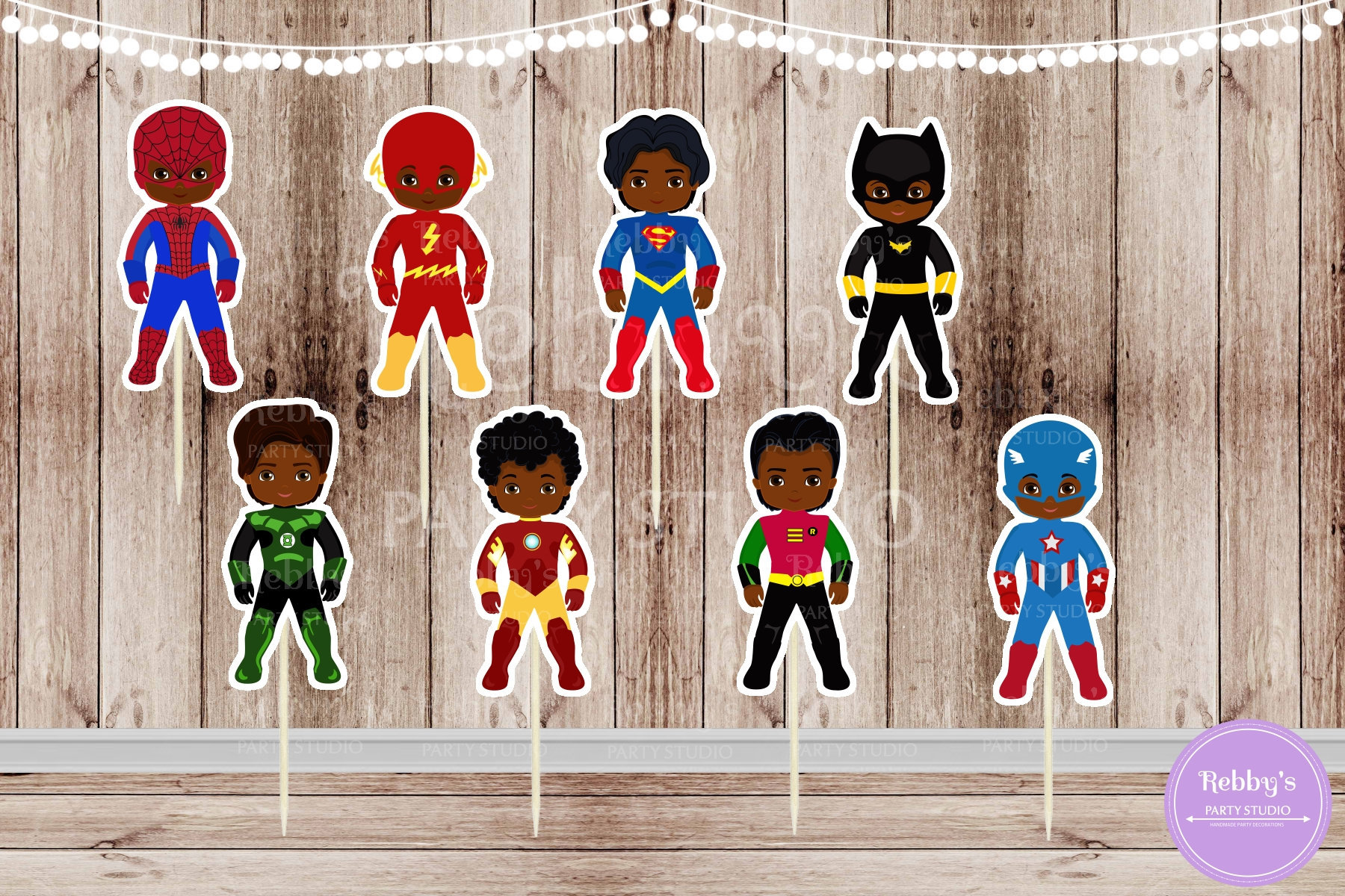 Superhero Boy Cupcake Toppers: African American Inspired, Set of 16