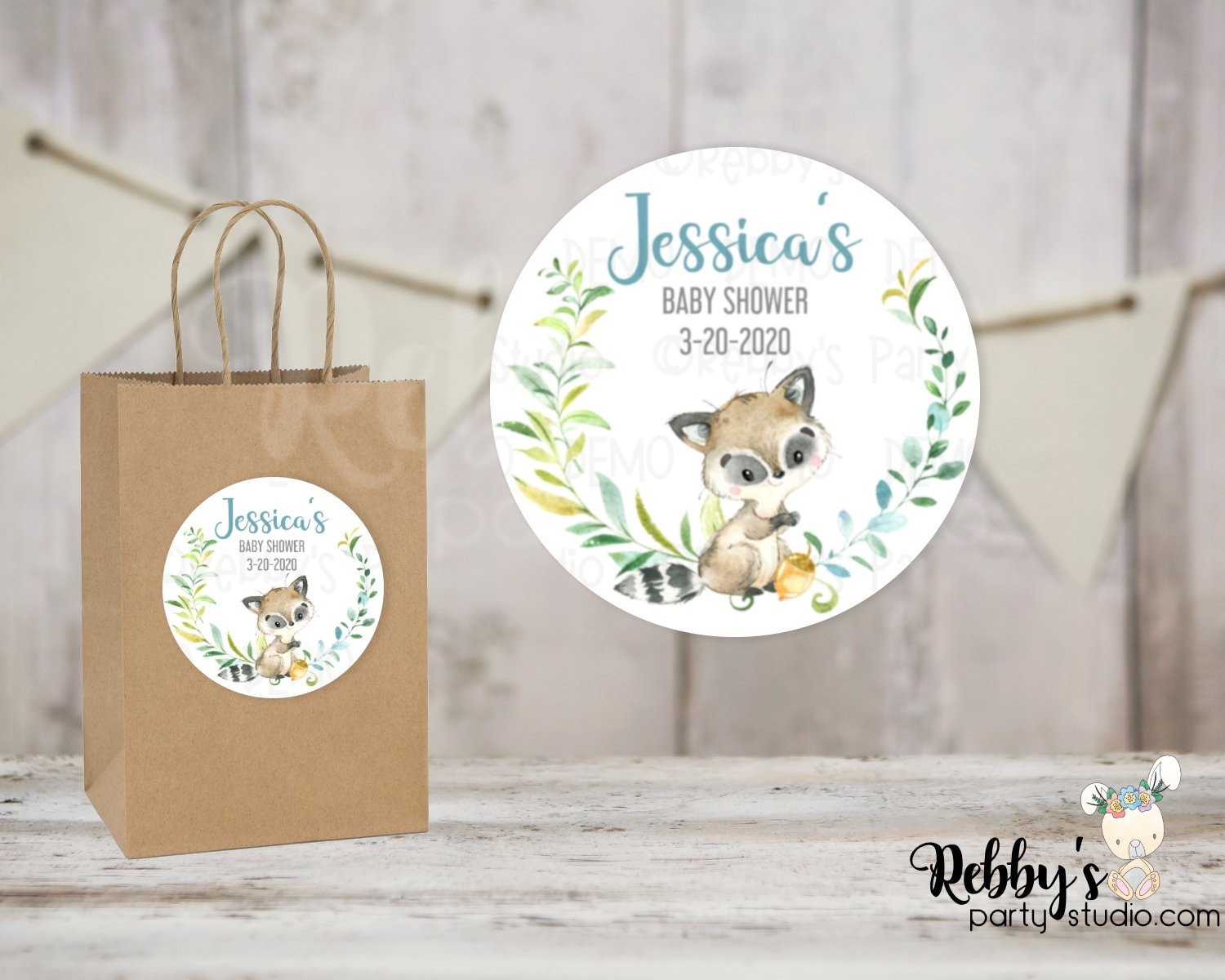 Raccoon Boy Baby Shower Personalized Round Sticker