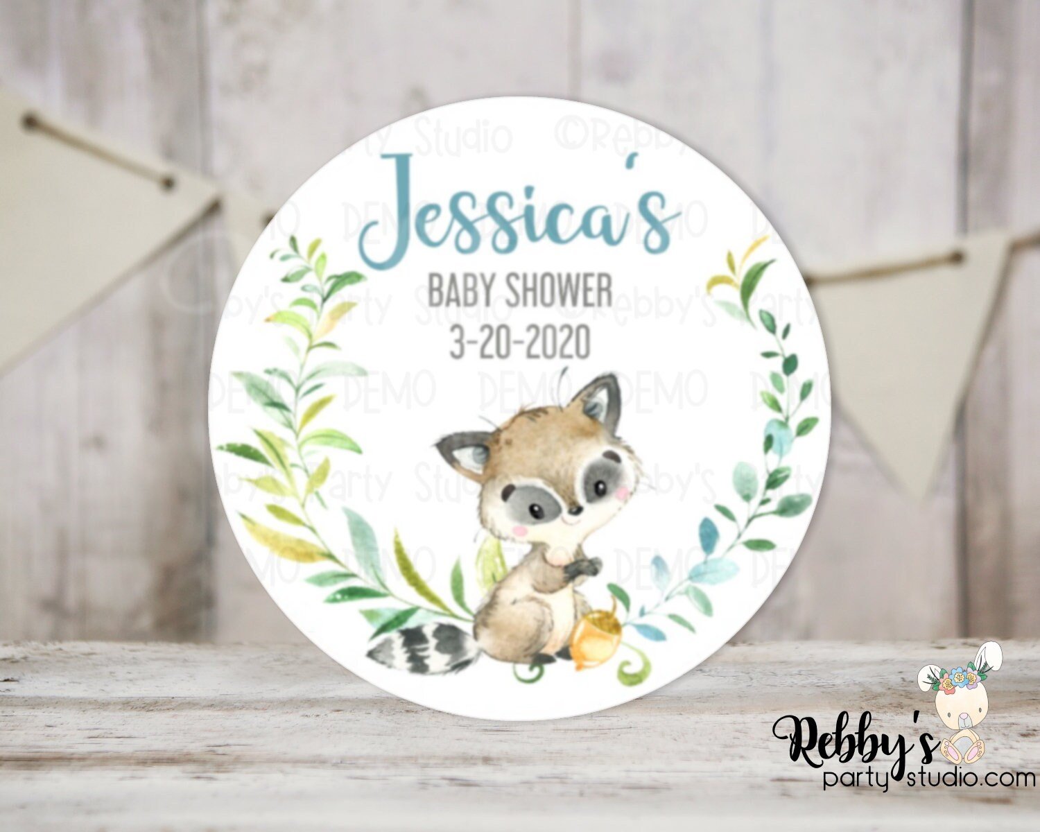 Raccoon Boy Baby Shower Personalized Round Sticker