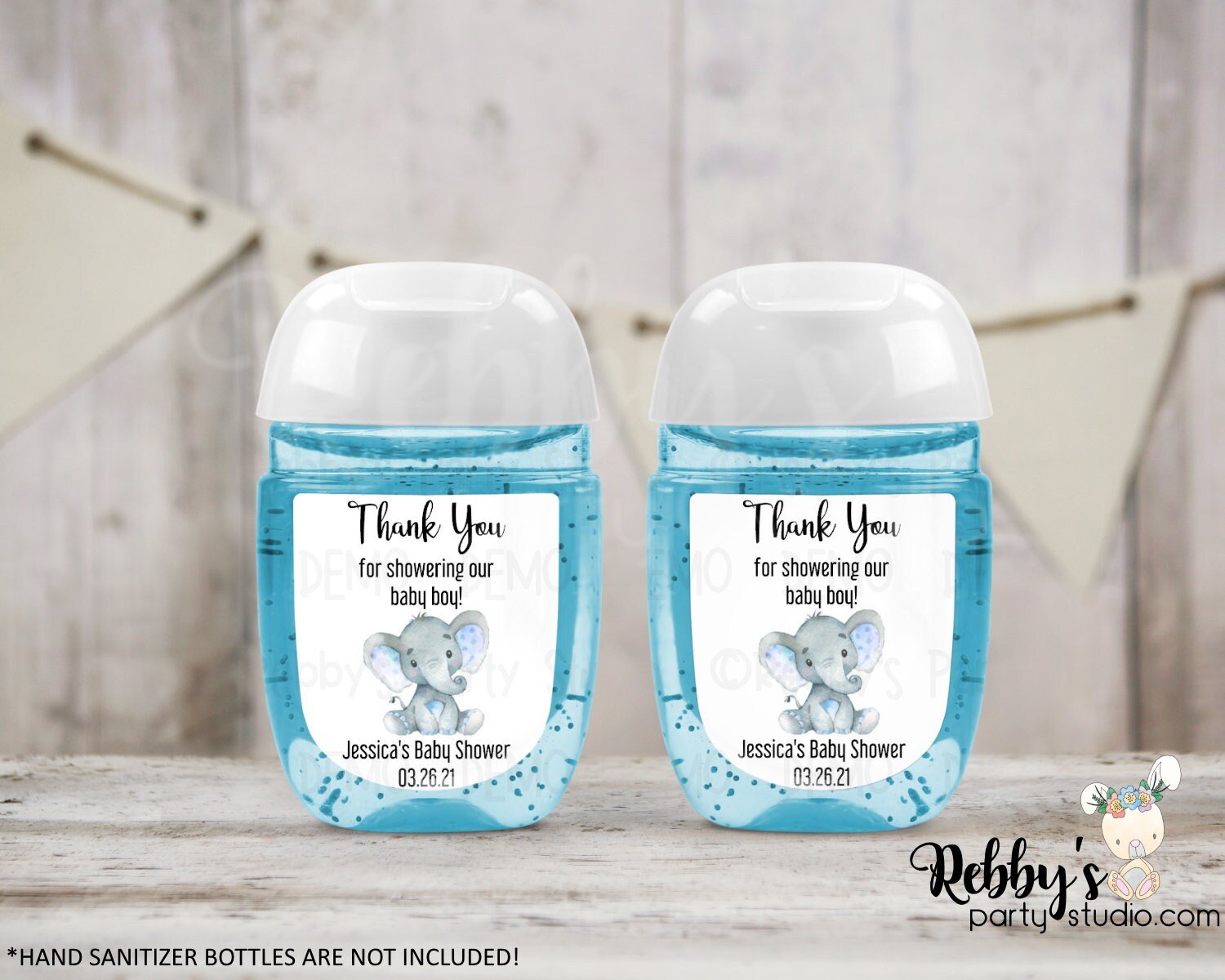 Personalized Blue Elephant Hand Sanitizer Labels - Baby Shower Favor Stickers