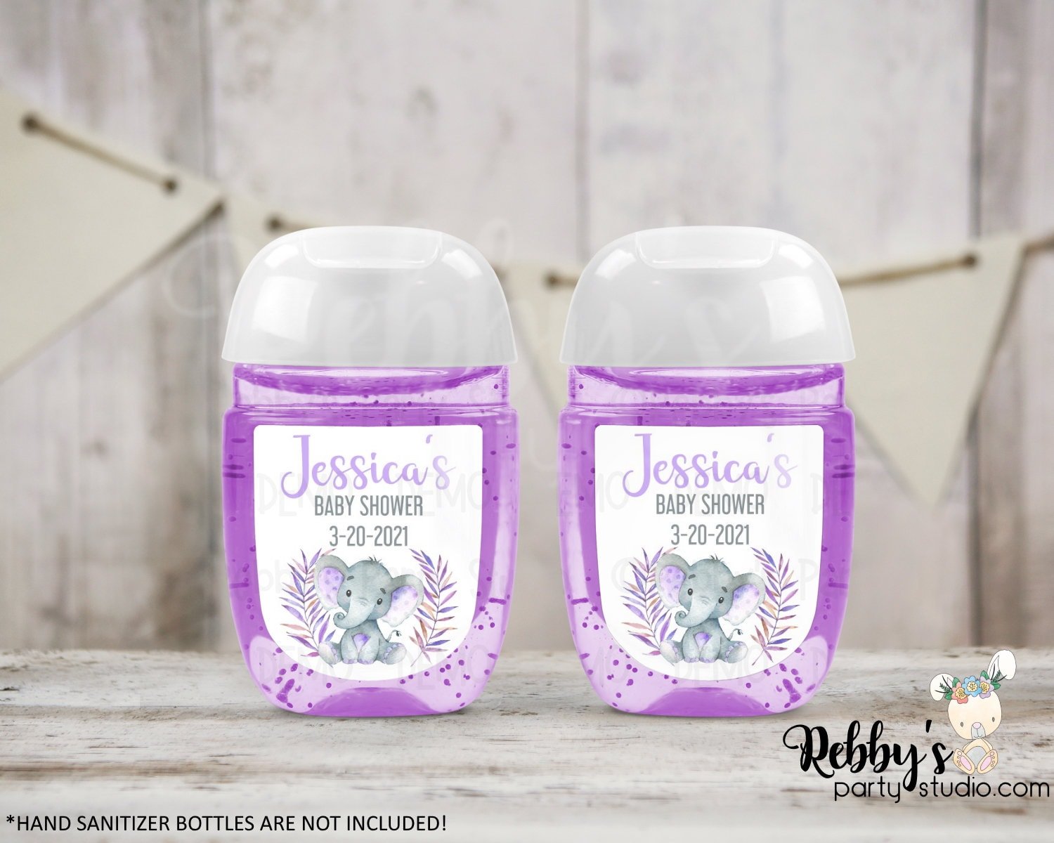 Purple Elephant Baby Shower Hand Sanitizer Labels, Personalized Stickers