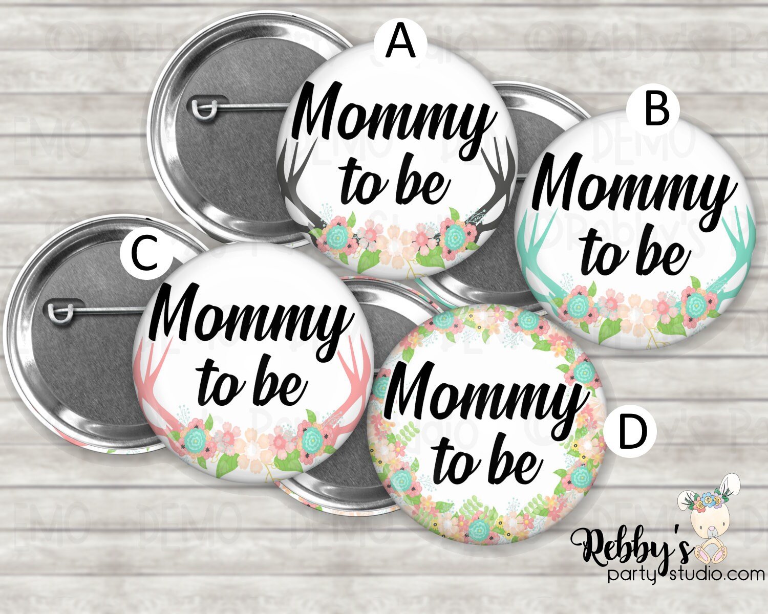 Baby Deer Antlers Baby Shower Pin Button: Personalized Floral Badge