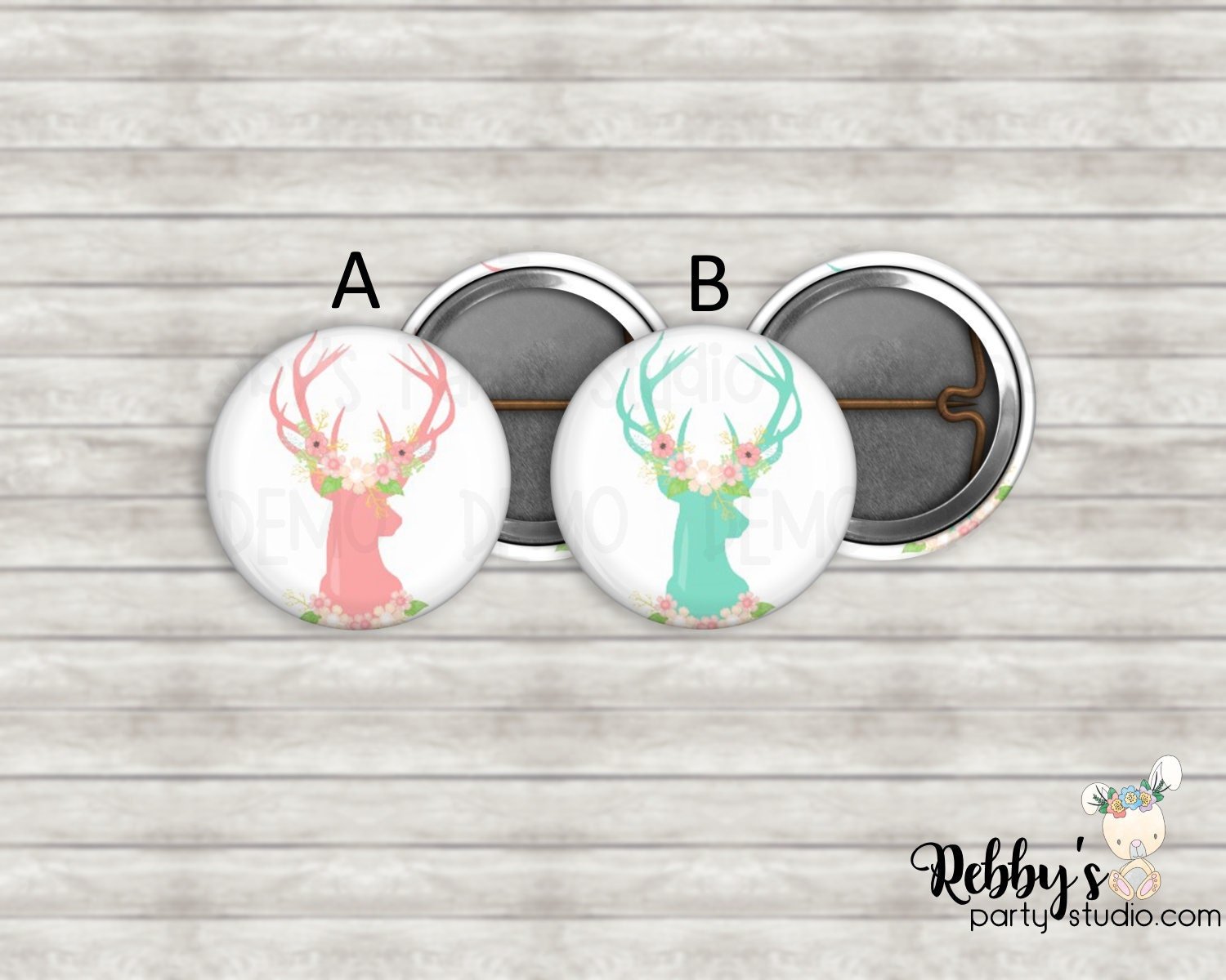 Floral Deer Antlers Mini Pin Buttons – Party Favor Packs (1 inch)