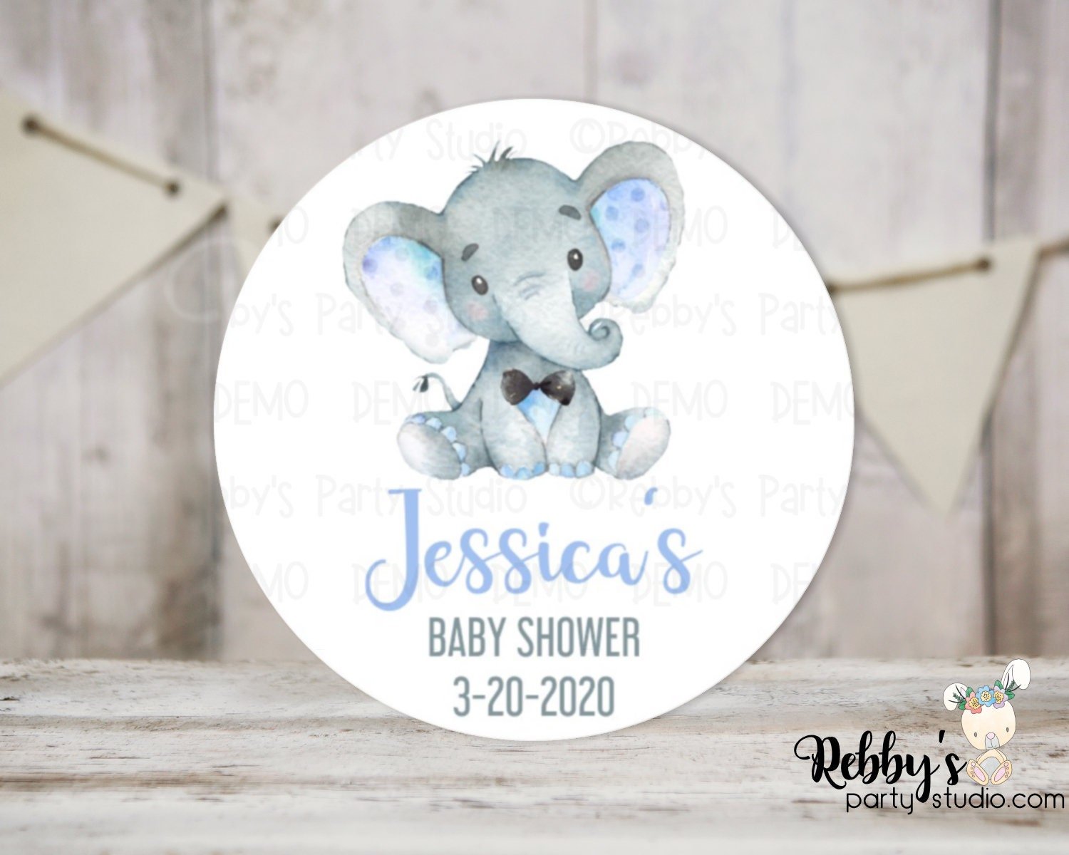 Baby Elephant Baby Shower Blue Personalized Round Sticker