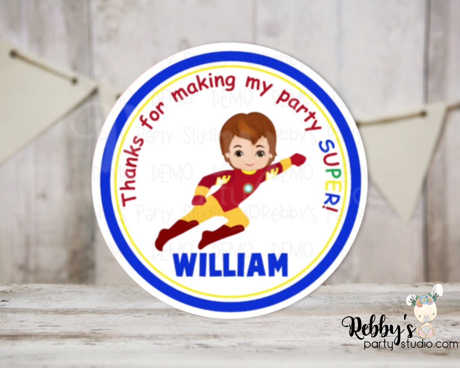 Super Hero Iron Boy Birthday Personalized Round Sticker