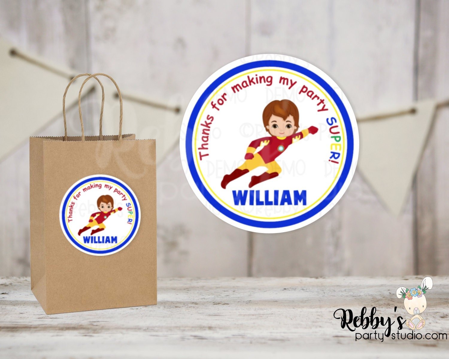 Super Hero Iron Boy Birthday Personalized Round Sticker