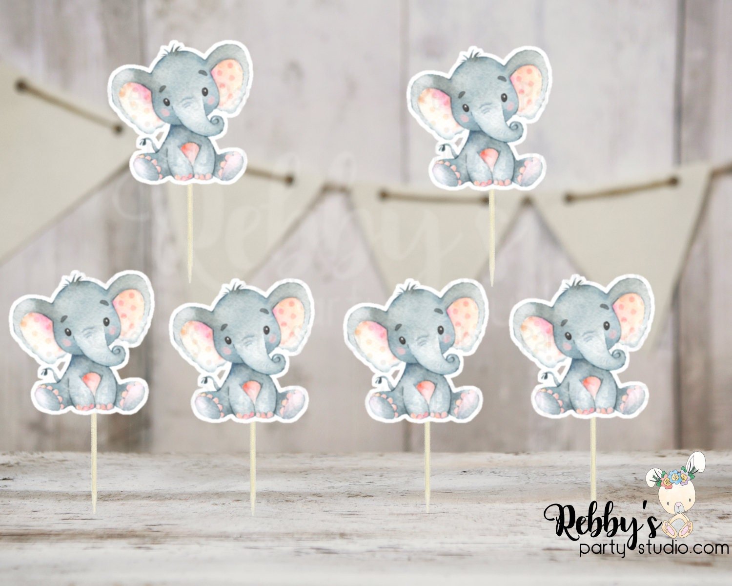Girl Elephant Theme  - Set of 12 Pink Peach Elephant Baby Shower Cupcake Toppers