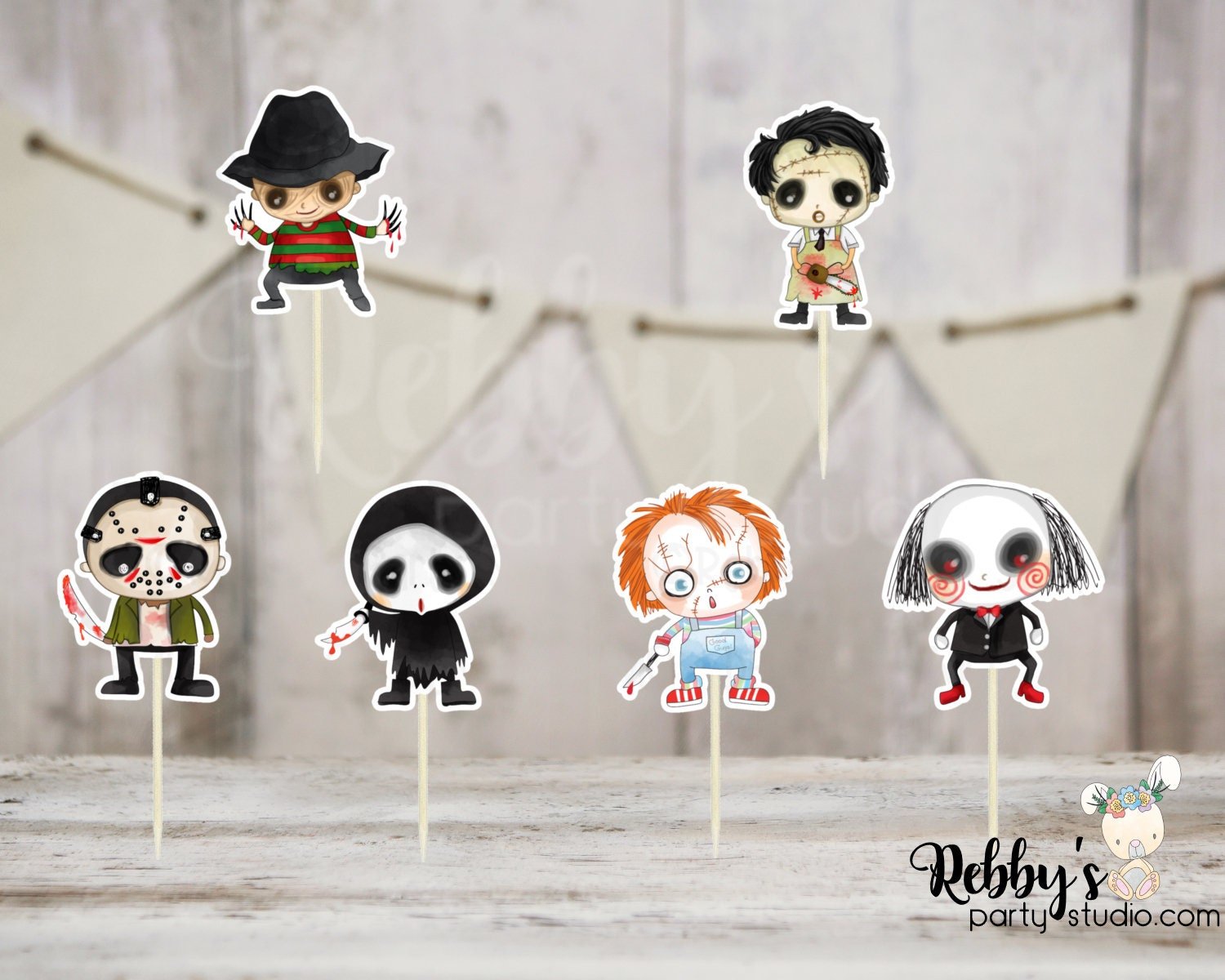 Cute Horror Movie Cupcake Toppers - Halloween Party Decorations (Set of 12)