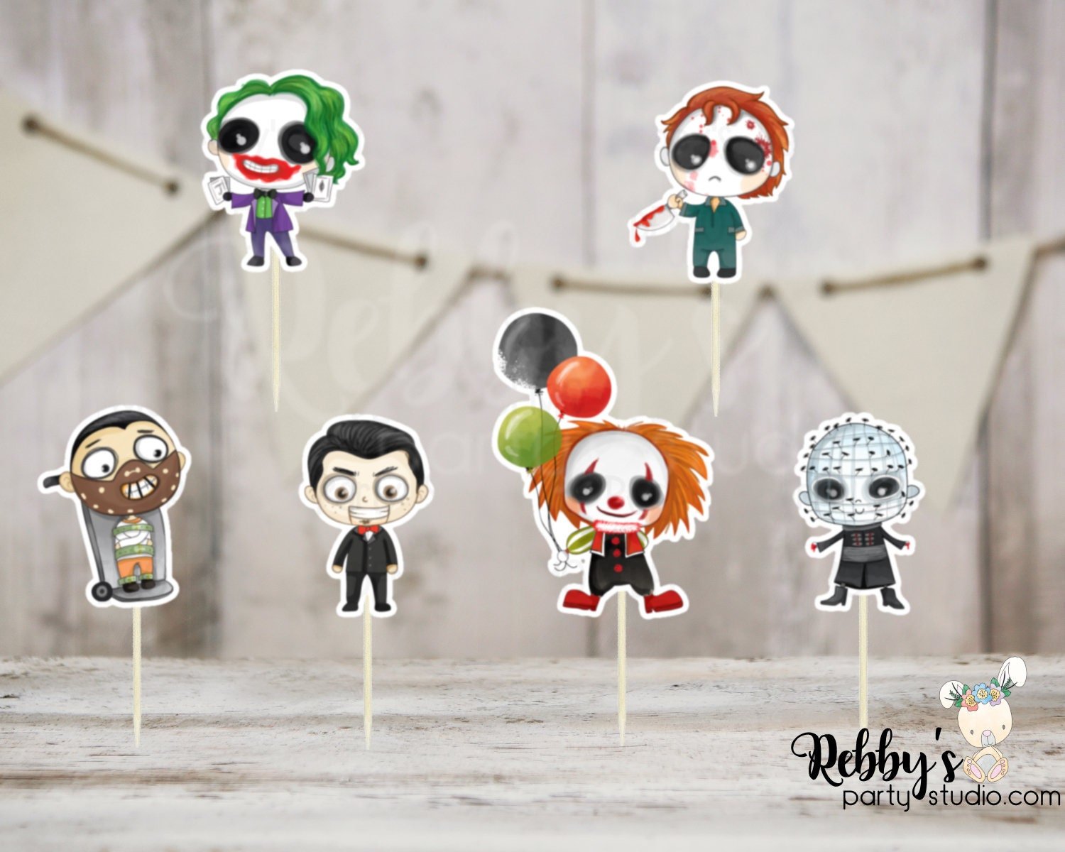 Halloween Cupcake Toppers - Cute Horror Movie Character Theme, Set of 12