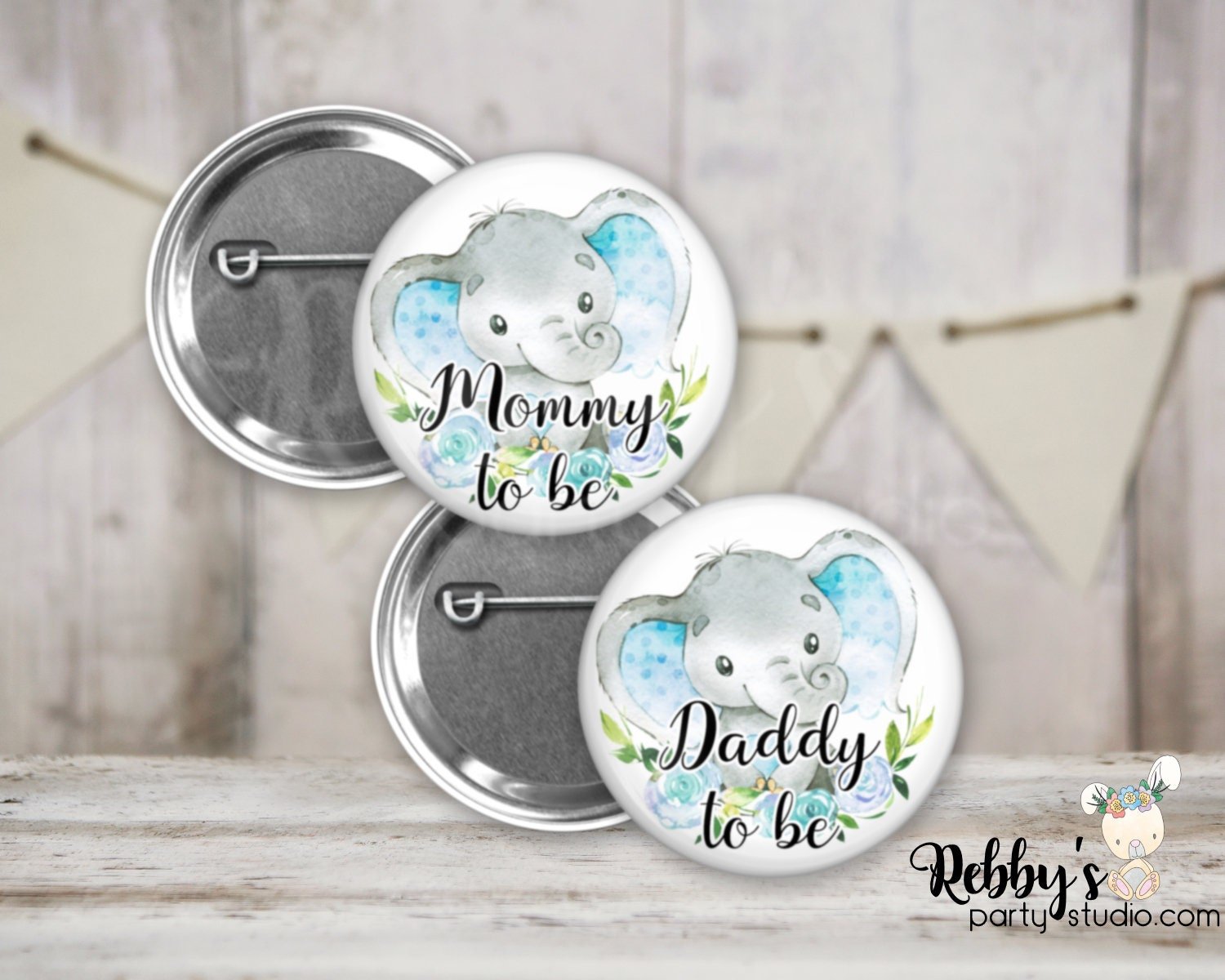 Elephant Baby Shower Pin: Blue Heart, Custom Family Name Badge