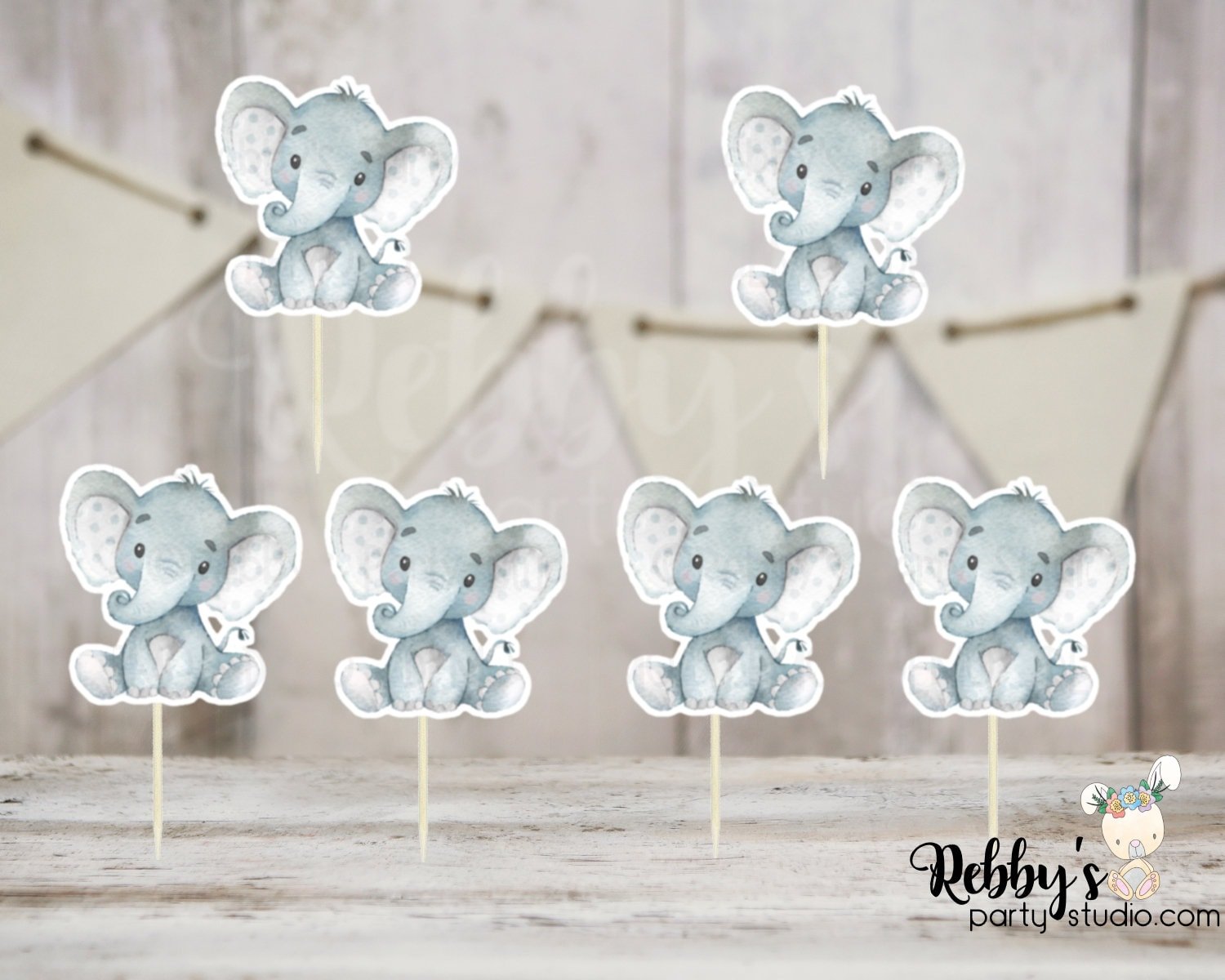 Elephant Theme - Set of 12 Gray Elephant Baby Shower Cupcake Toppers