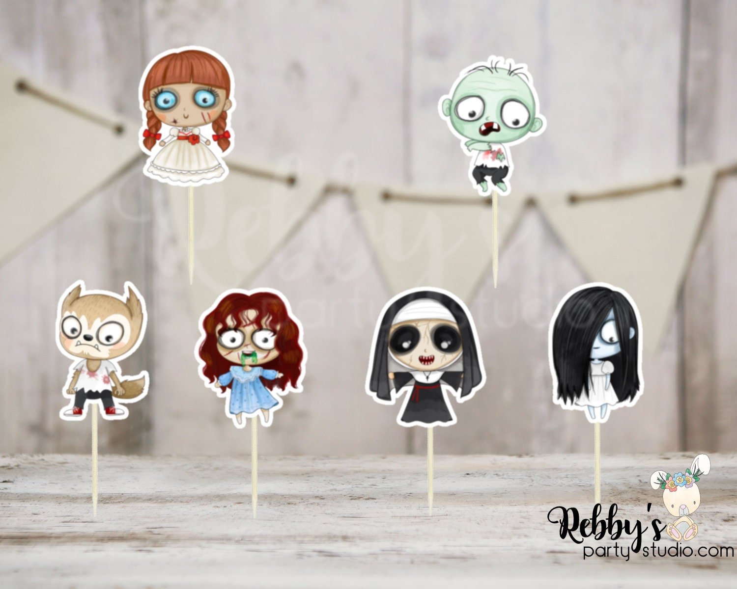 Cute Horror Movie Cupcake Toppers - Halloween Party Decorations (Set of 12)