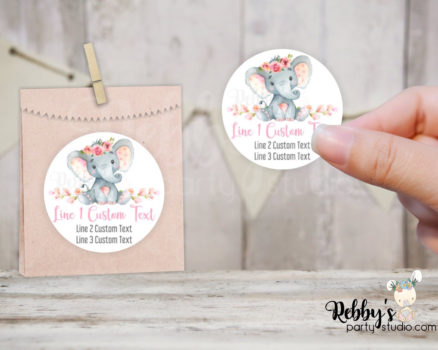 Floral Baby Elephant Pink Baby Shower Personalized Round Sticker