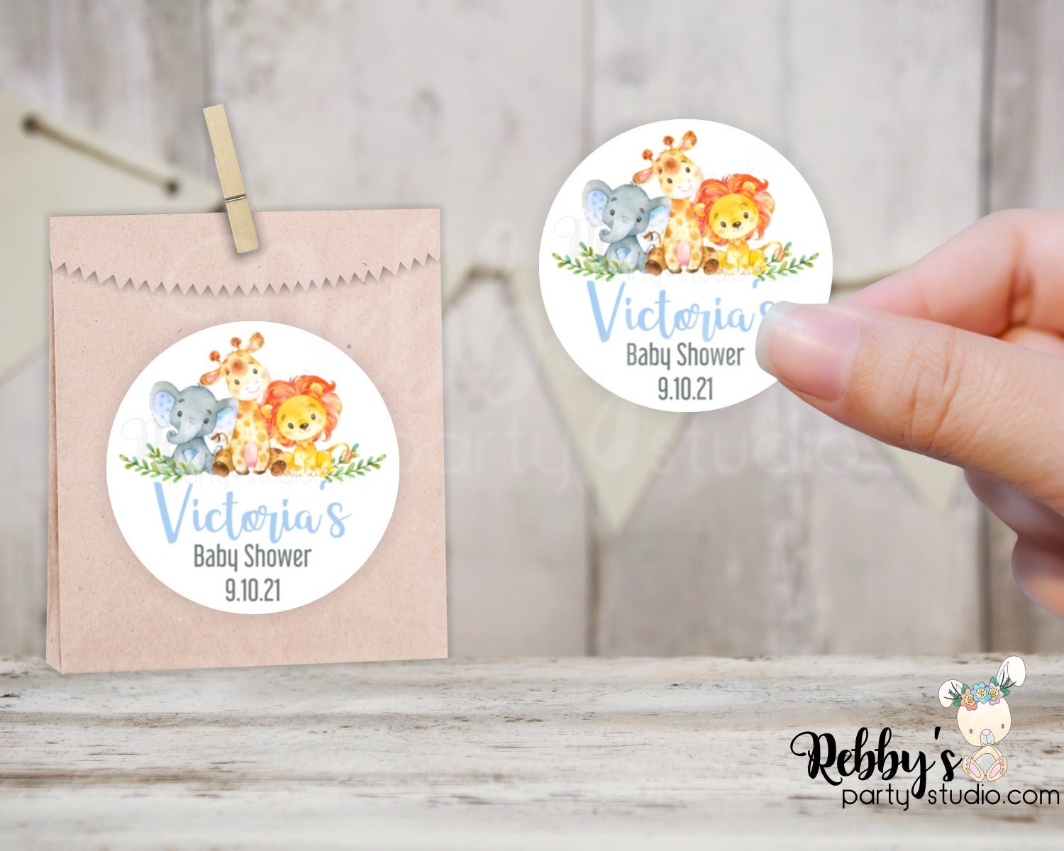 Jungle Safari Baby Shower Blue Personalized Round Sticker