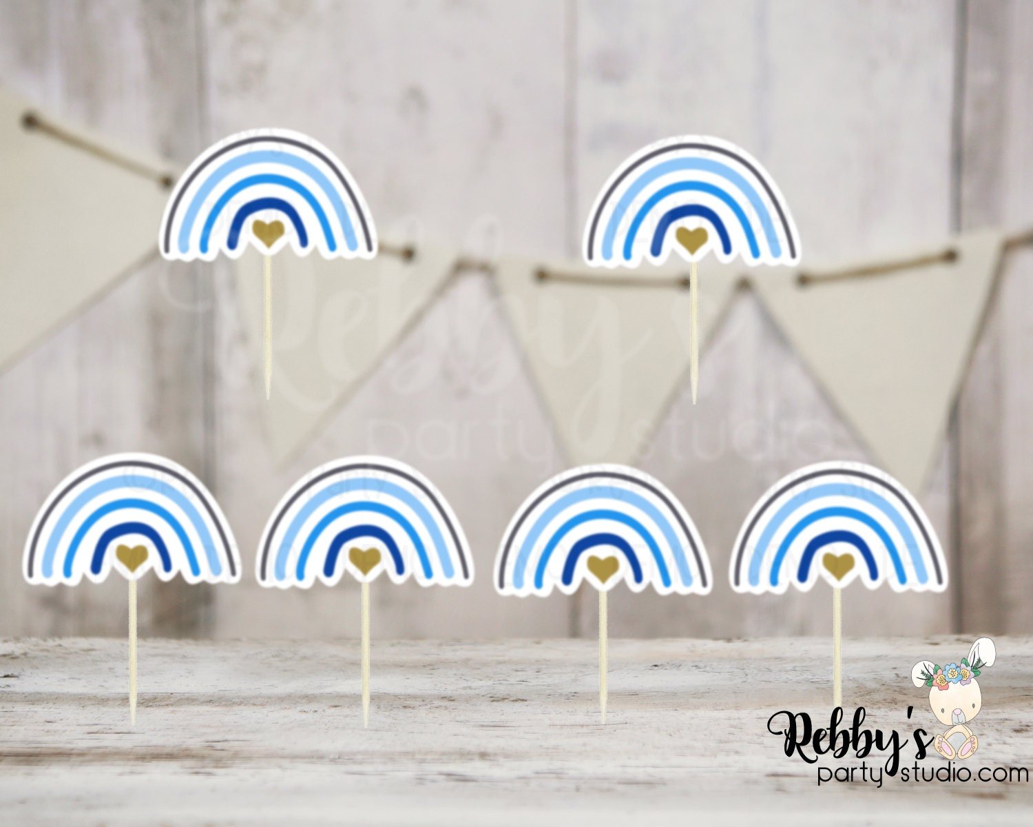 Blue Nordic Rainbow Cupcake Toppers: Baby Shower Birthday Party, Set of 12
