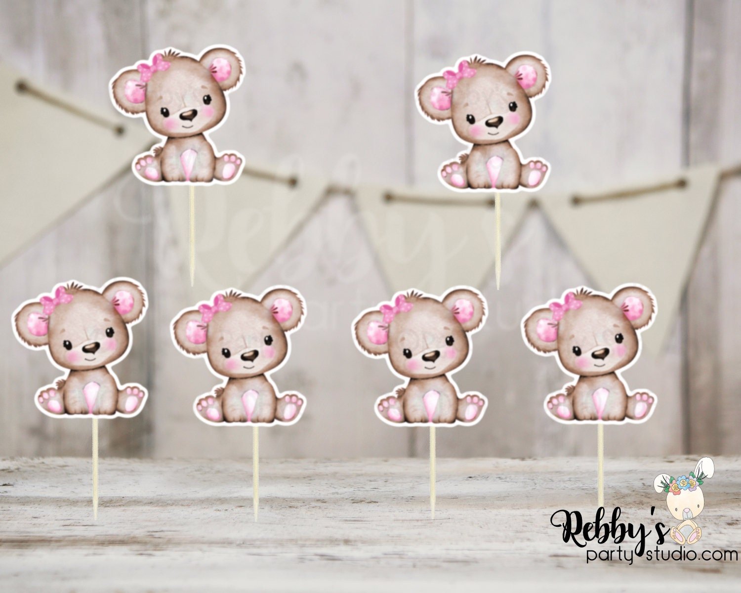 Girl Bear Baby Shower Cupcake Toppers - Pink & Brown - Set of 12