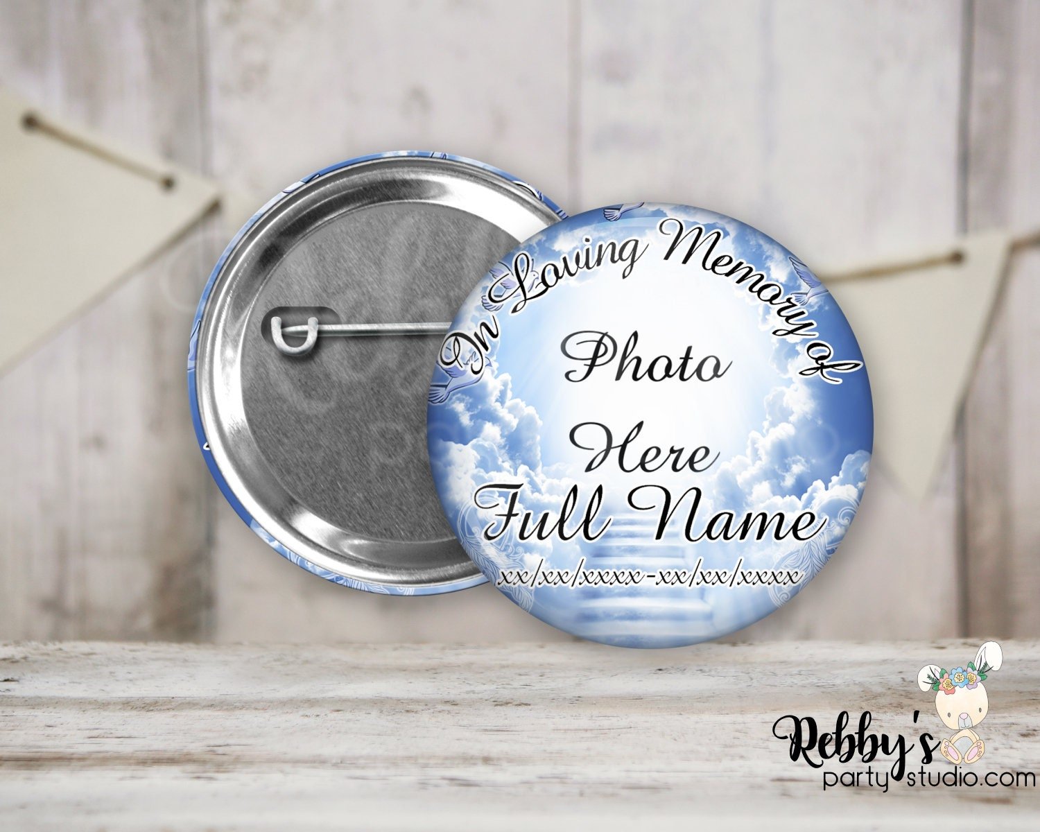 Memorial Pin Button: Heavenly Cloud Stairway, Funeral Badge (2.25 inch)