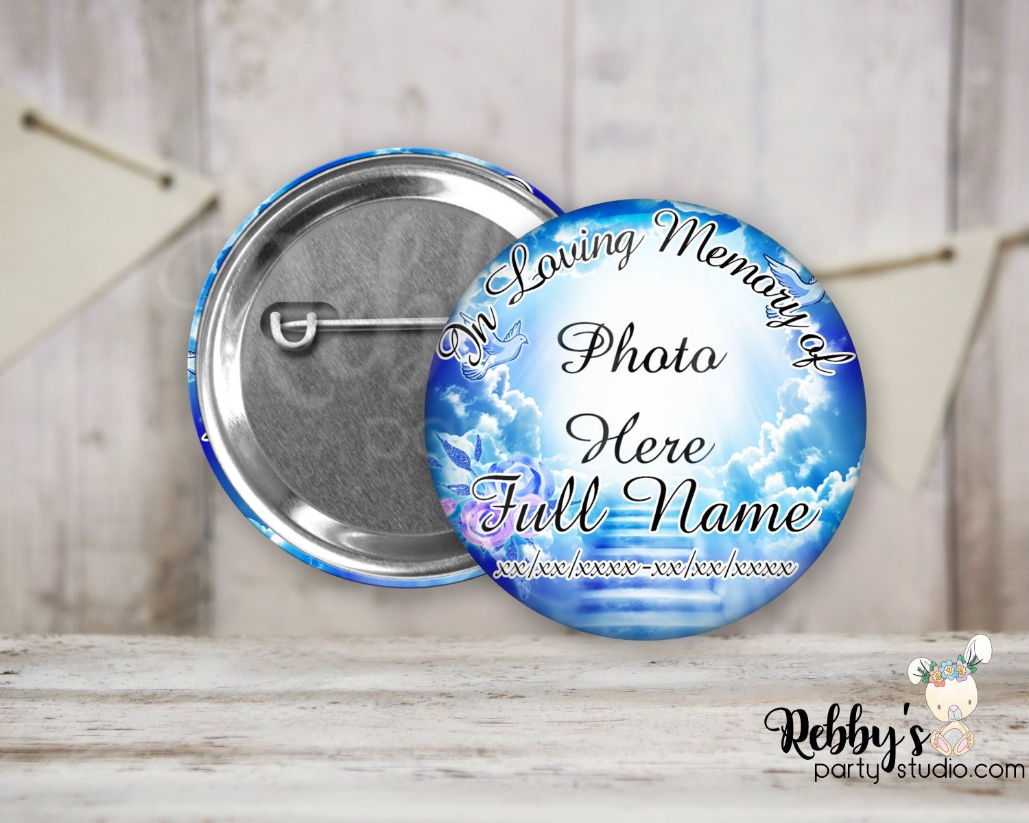 Memorial Pin Button: Blue Heavenly Stairway, In Loving Memory (3 inch)