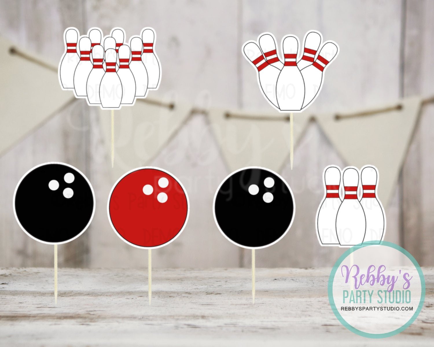 Bowling Party - Set of 12 Assorted Bowling Cupcake Toppers