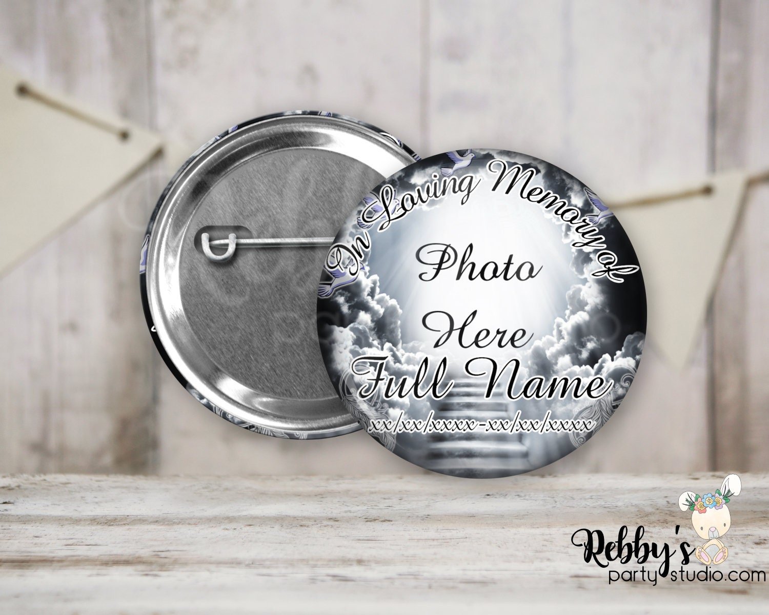 Memorial Pin Button: Heavenly Cloud Stairway, Funeral Badge (2.25 inch)