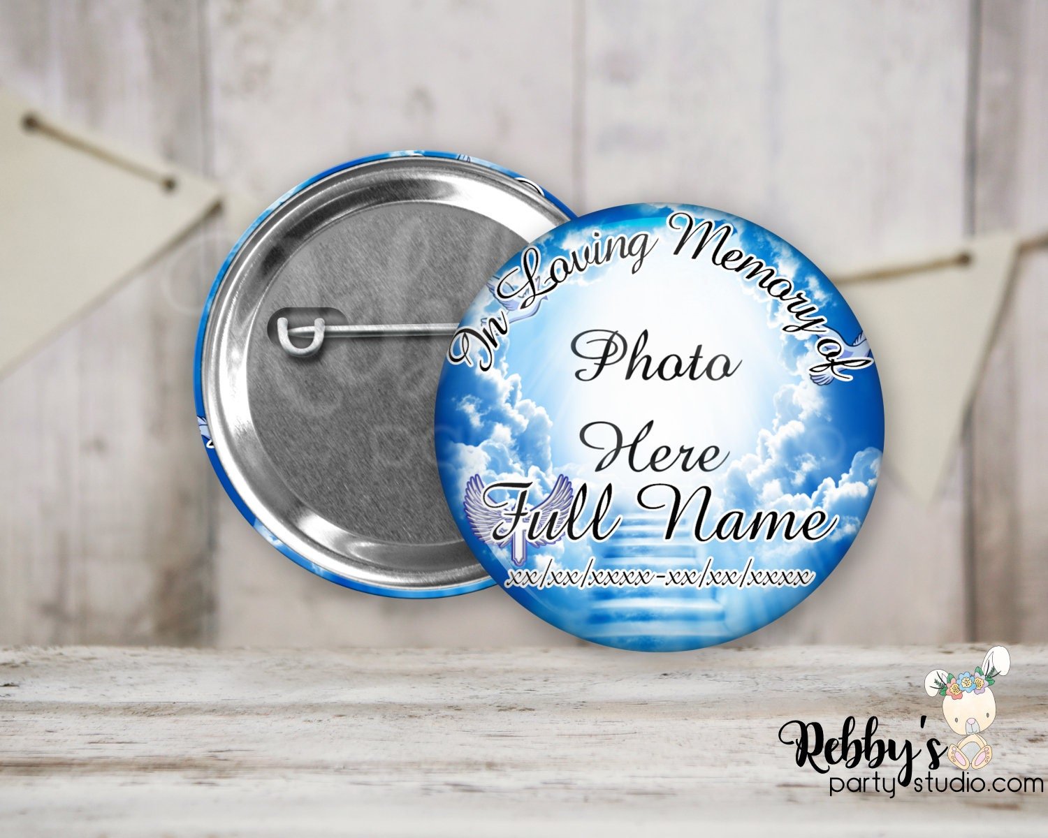 Memorial Pin Buttons: Blue Heavenly Stairway, In Loving Memory (2.25 inch)