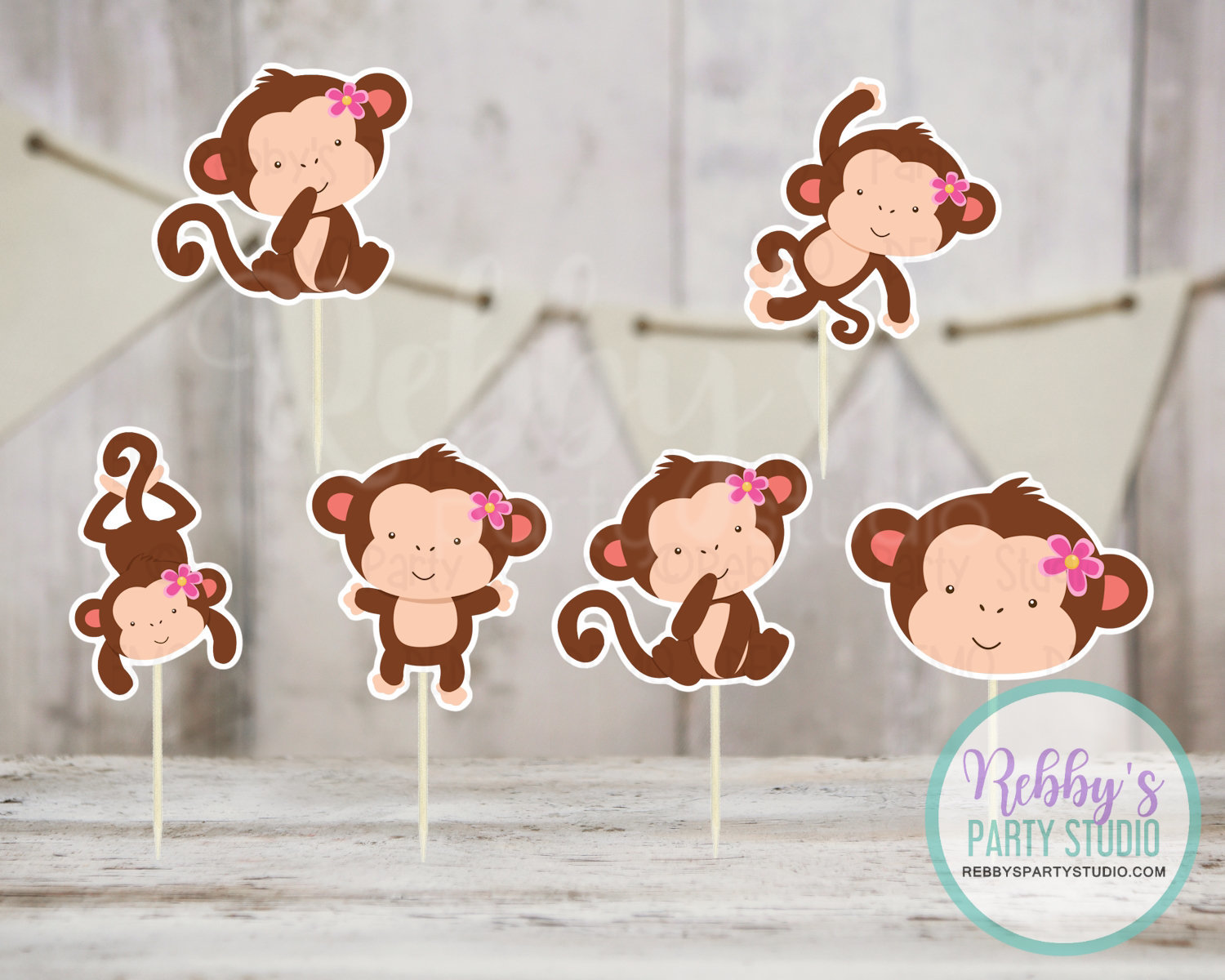 Monkey Girl Party - Set of 12 Assorted Monkey Girls Cupcake Toppers