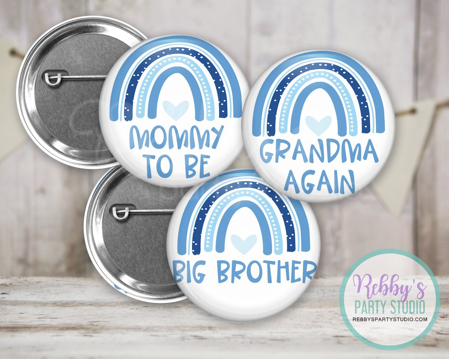 Blue Boho Rainbow Baby Shower Pin Button: Personalized Family Pinback