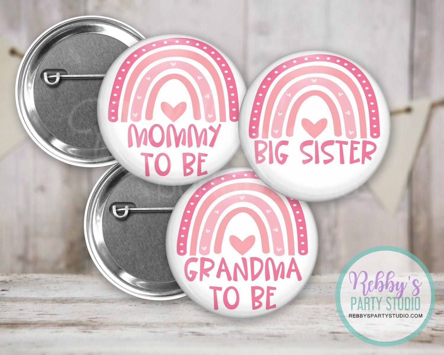 Pink Boho Rainbow Baby Shower Pin Button: Personalized Pinback Badge