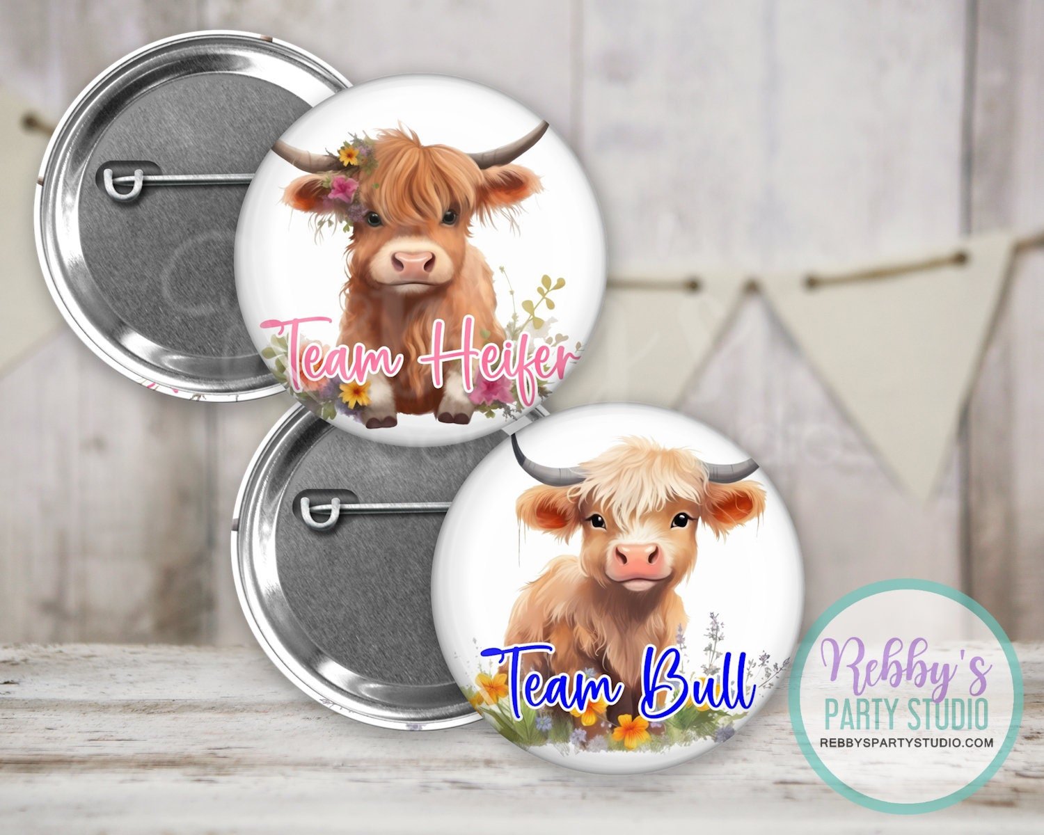 Highland Cow Gender Reveal Buttons: Team Heifer, Team Bull