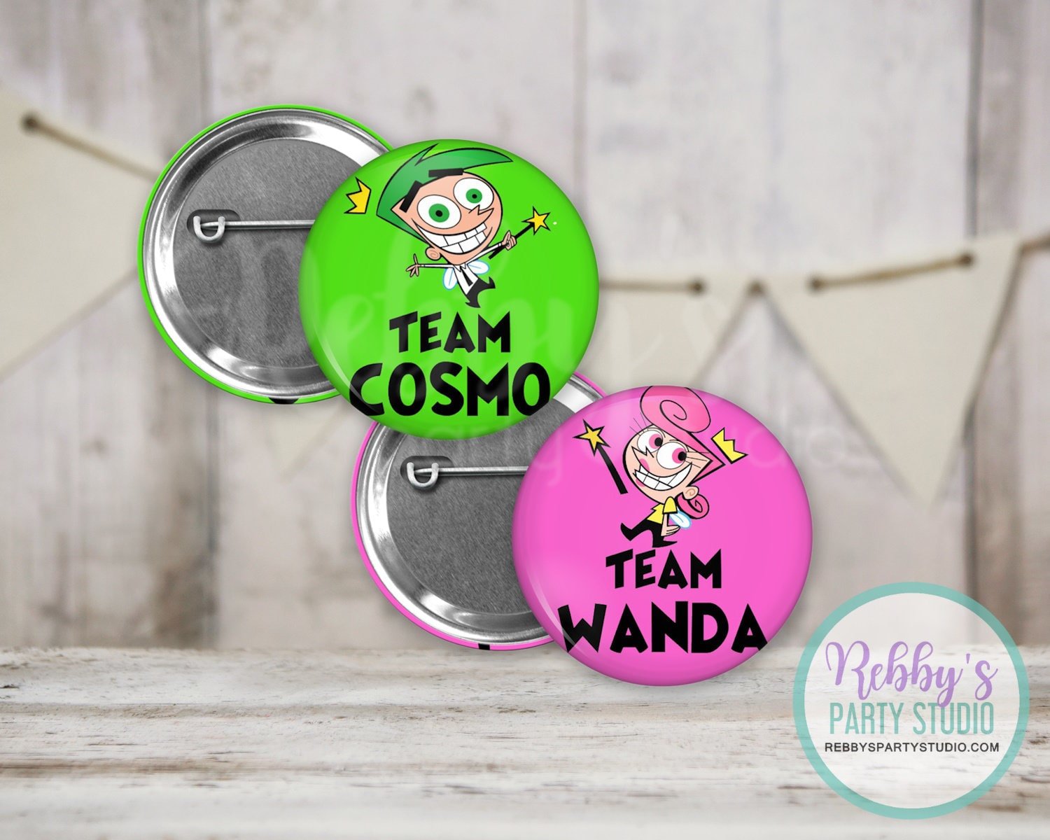 Fairly Godparents Gender Reveal Buttons: Team Cosmo, Team Wanda