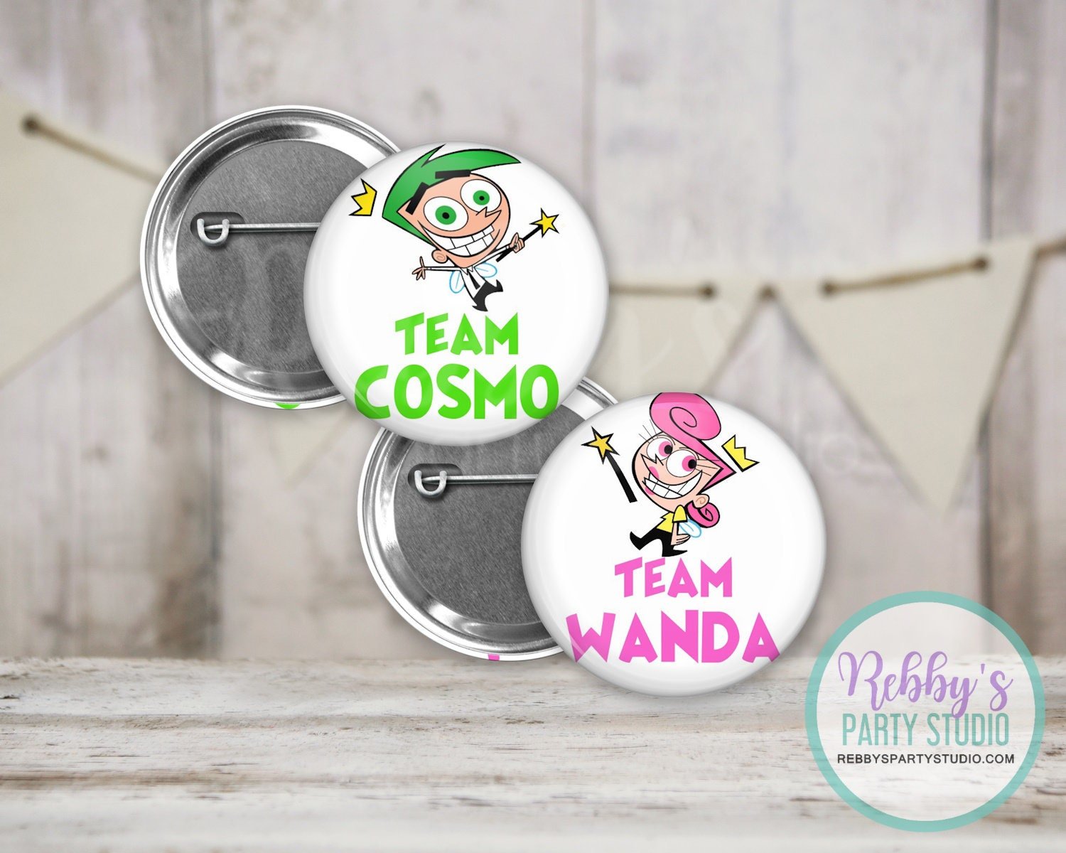 Fairly Godparents Gender Reveal Pin Buttons: Team Cosmo, Team Wanda