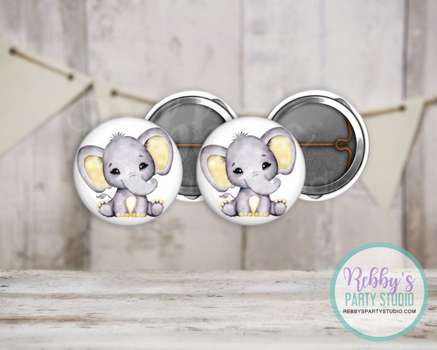 Grey Elephant Mini Buttons – Yellow Ears Party Favor Packs (1 inch)