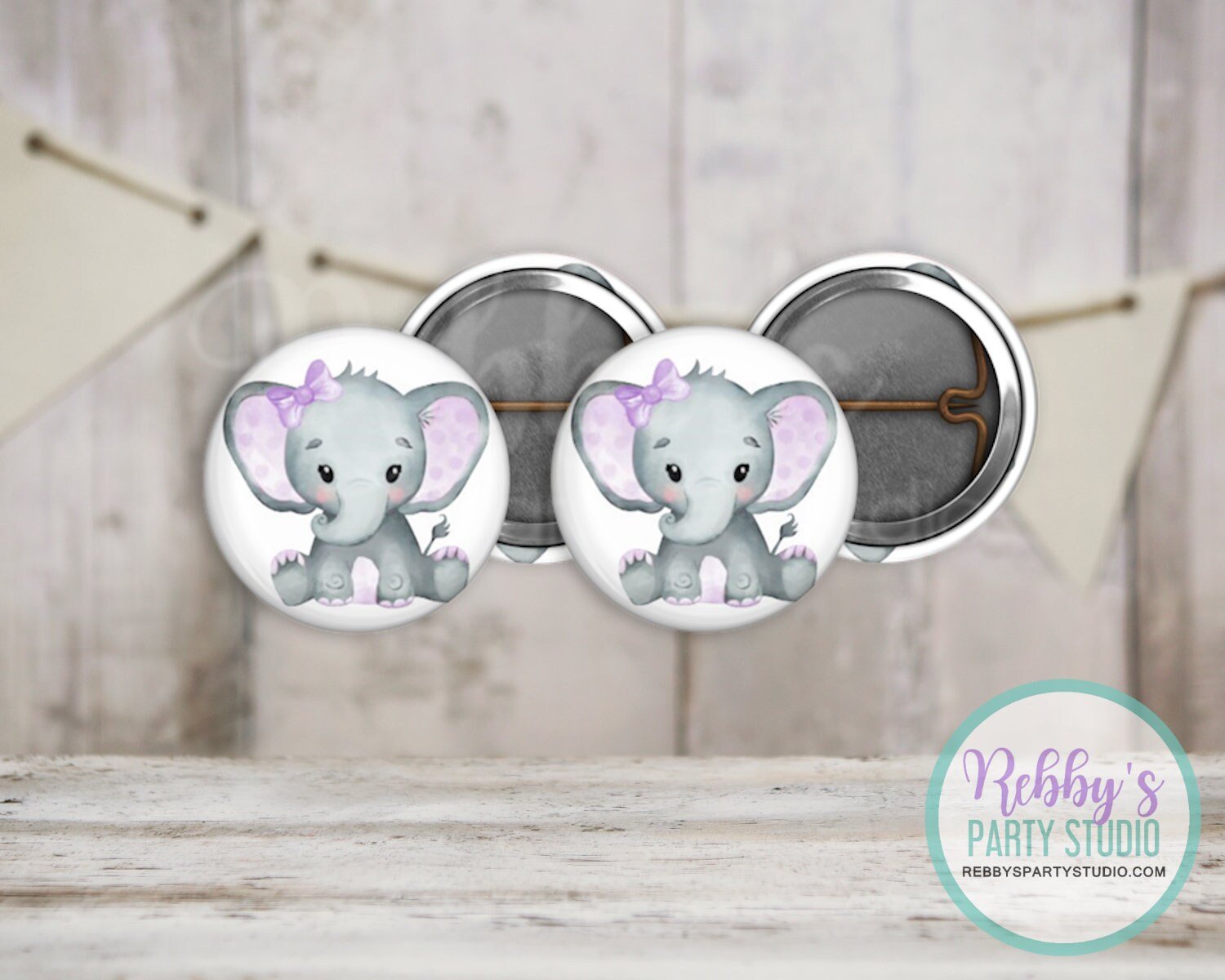 Grey Elephant Mini Pin Buttons – Purple Ears & Bow Party Favor Packs (1 inch)