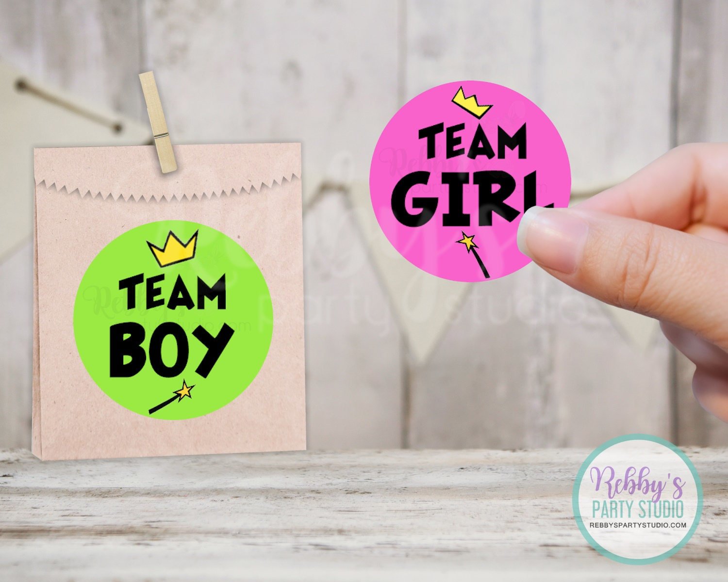 Fairly Godparents Gender Reveal Team Boy & Team Girl Round Stickers