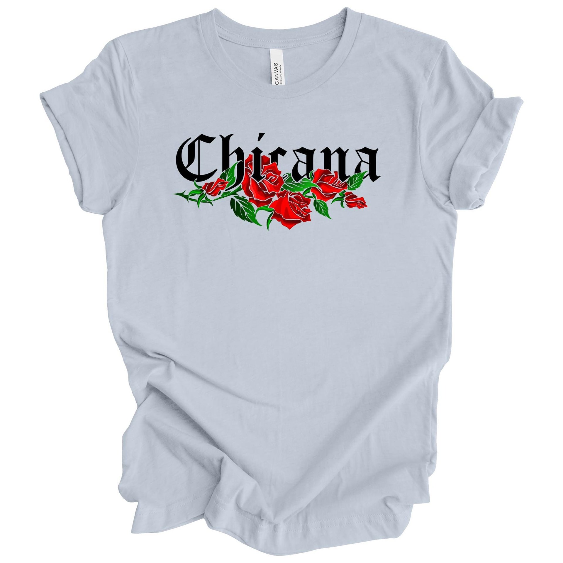 Chicana Adult T-Shirt with Red Roses | Mexican American Pride Graphic Tee