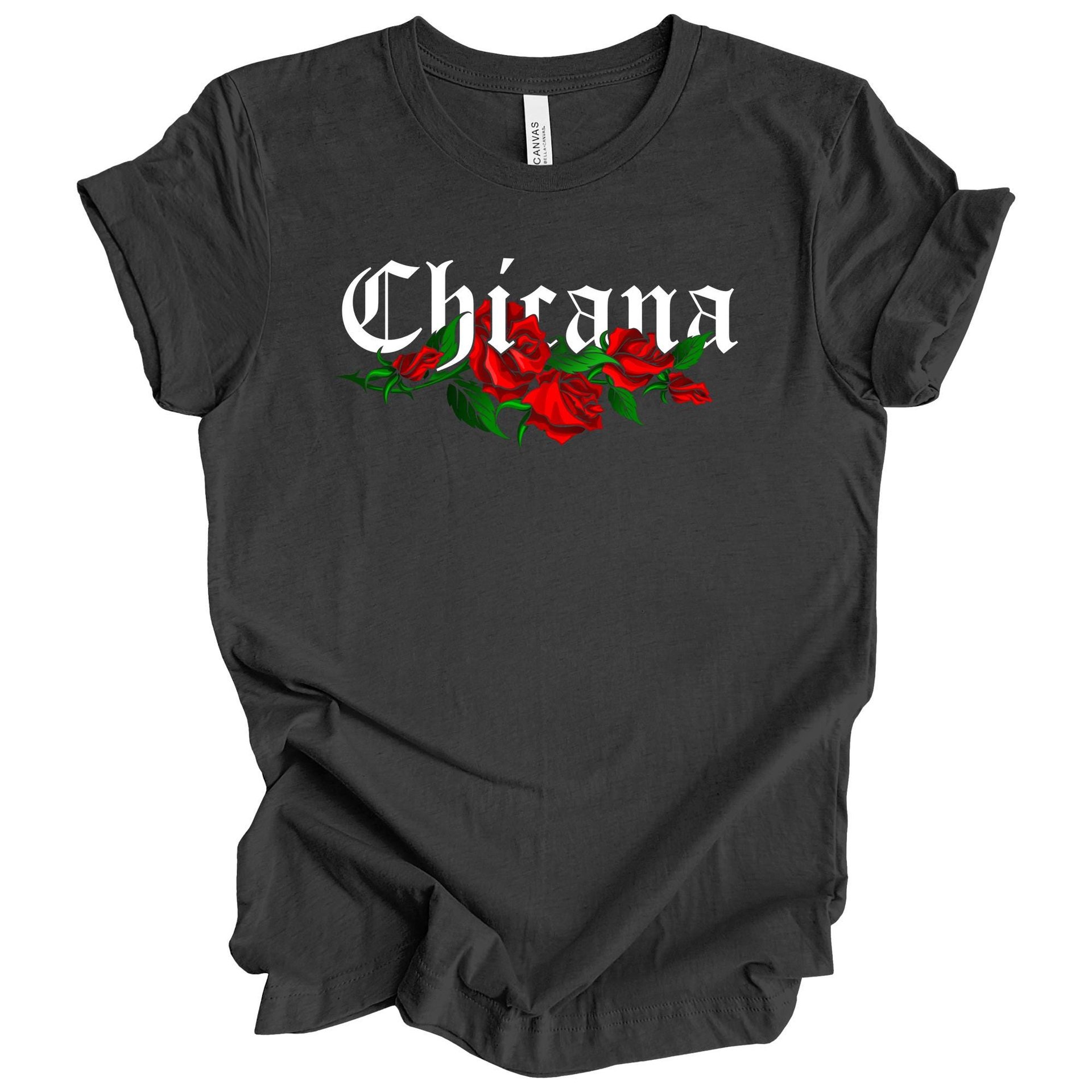 Chicana Adult T-Shirt with Red Roses | Mexican American Pride Graphic Tee