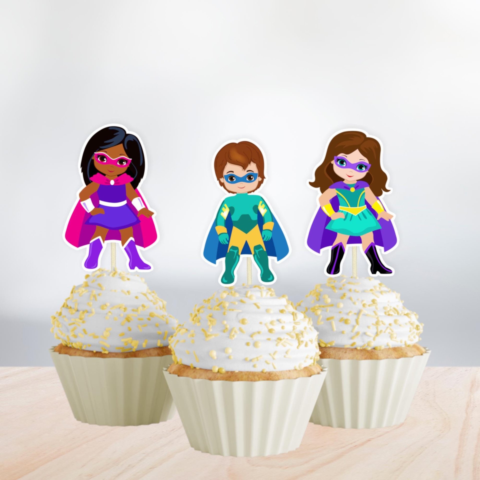 Set of 12 Superhero Cupcake Toppers, Multicultural Super Kids Party Decor