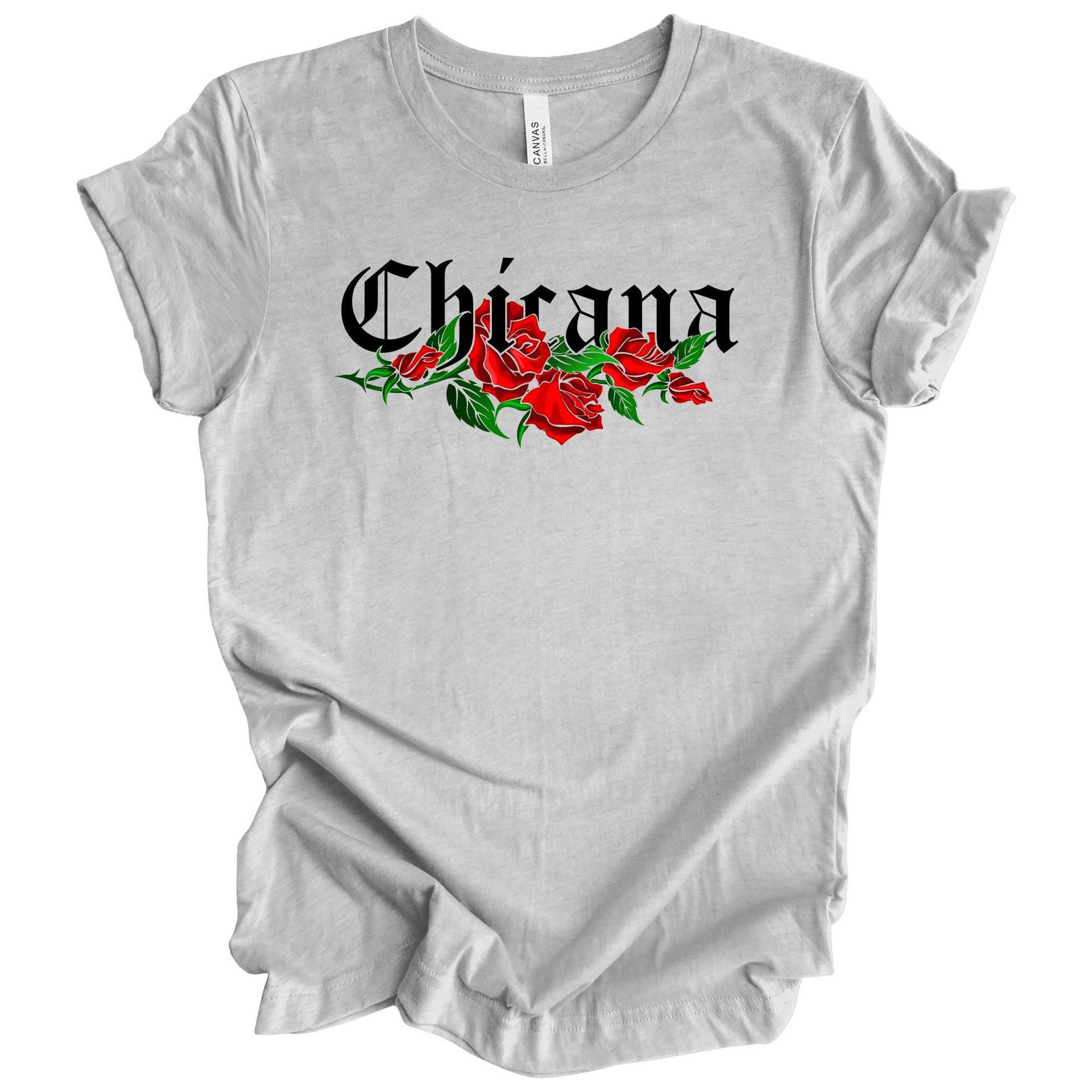 Chicana Adult T-Shirt with Red Roses | Mexican American Pride Graphic Tee