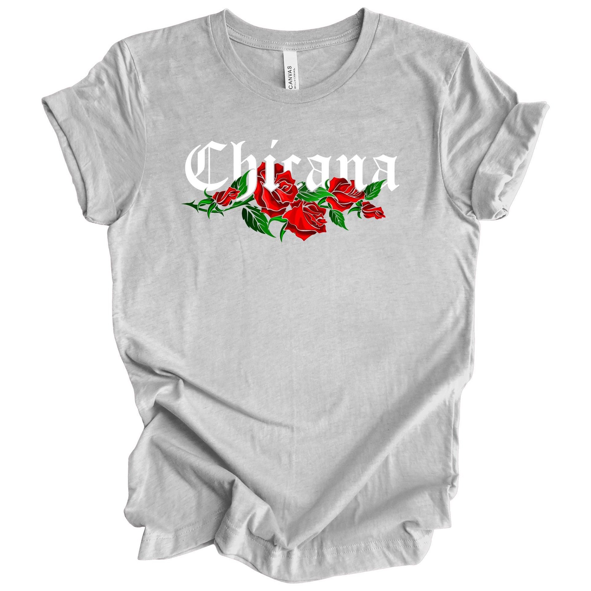 Chicana Adult T-Shirt with Red Roses | Mexican American Pride Graphic Tee