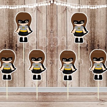 Action Superhero Girl Party - Set of 12 Girl in Bat Costume Inspired Cupcake Toppers