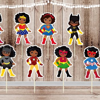 Superhero Girl Party - Set of 16 Assorted African American Superhero Girls Inspired Cupcake Toppers