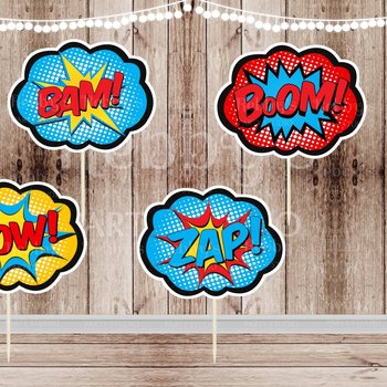 Superhero Pop Art Cupcake Toppers: Action Party Decorations - Set of 12